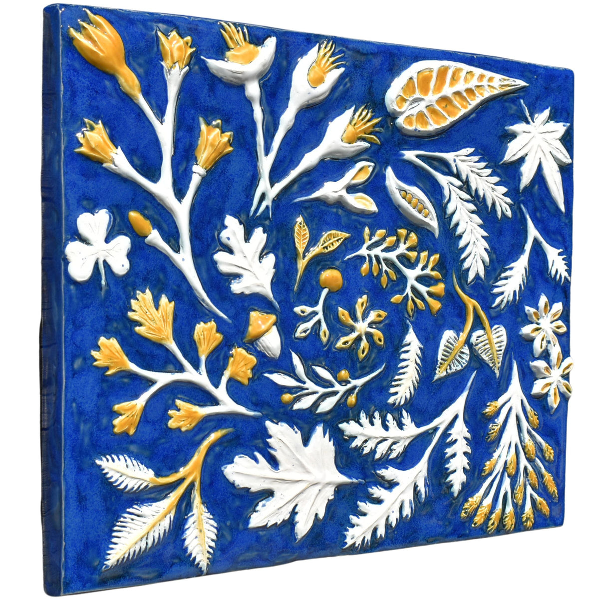Spiral of Leaves in Sapphire Blue, White and Yellow
