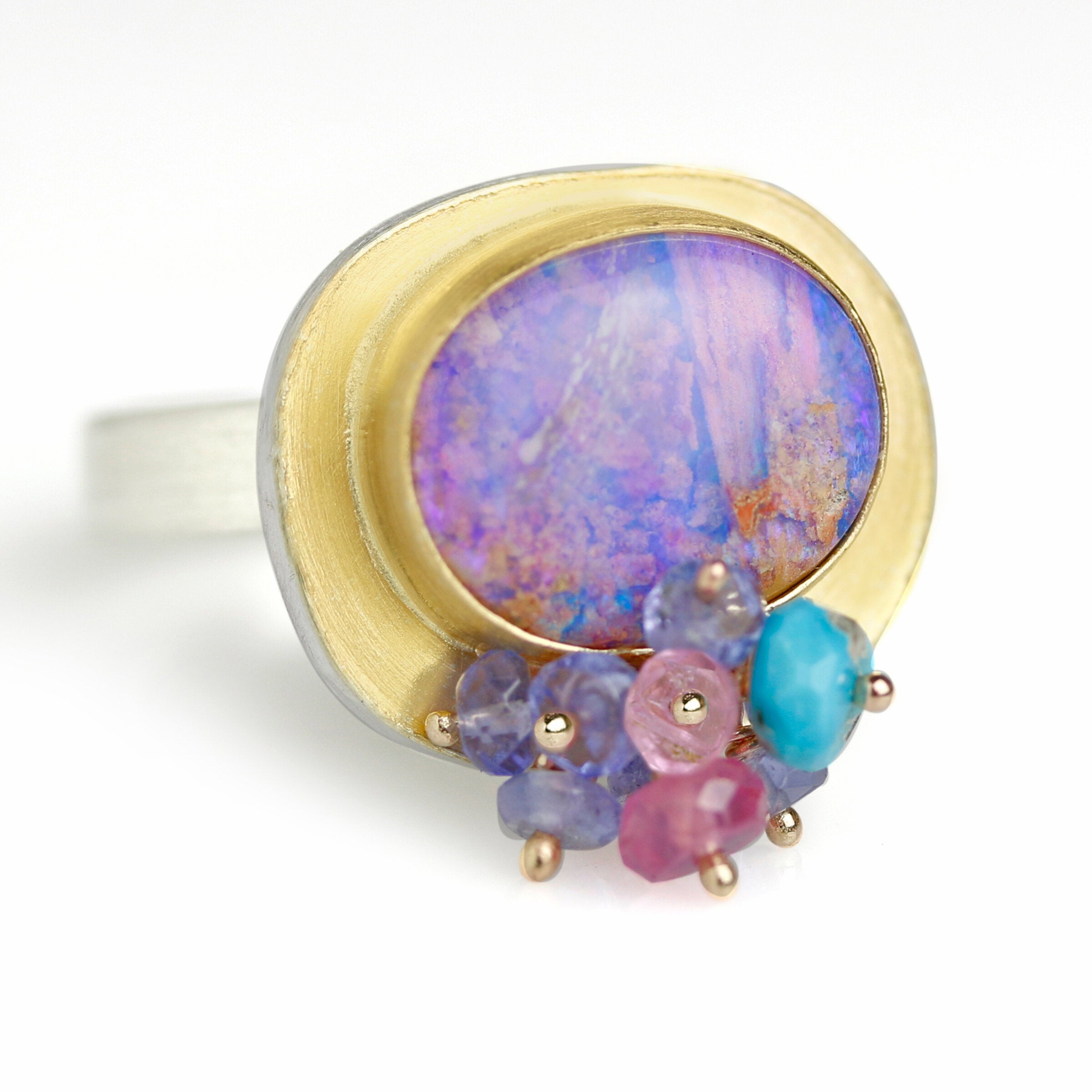 Lilac Crystal Boulder Opal Ring with Multi Cluster