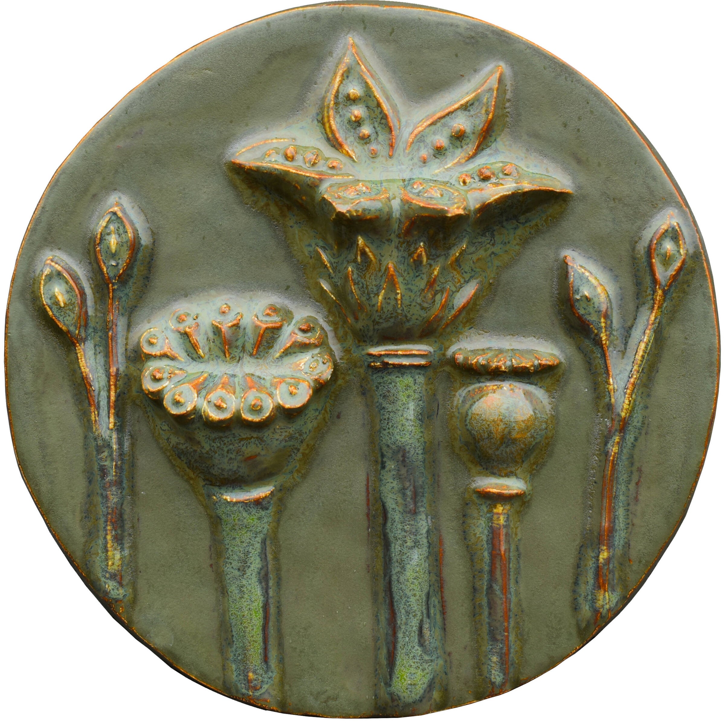 Circle of Poppies Ceramic Tile in Olive Green