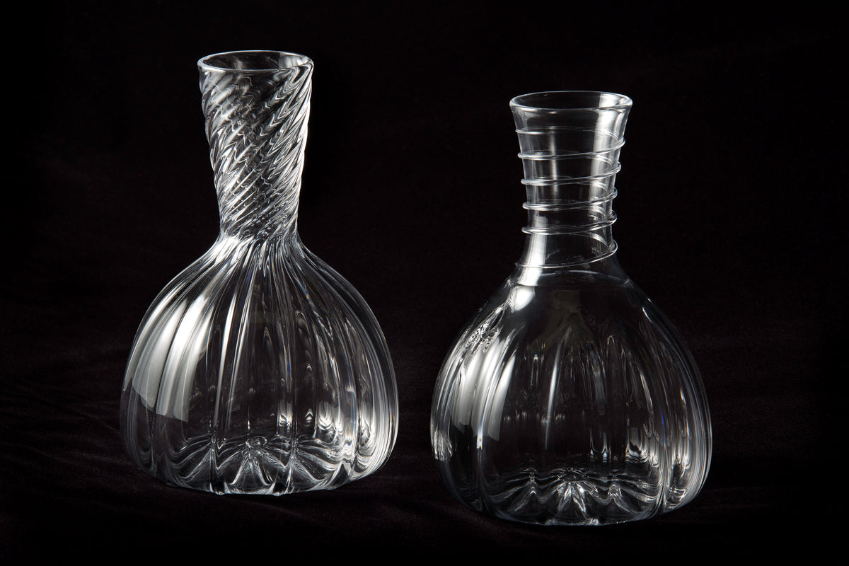 Twisted Optic Rib Decanter (left). Spiral Wrap Decanter (right). | Photo by Douglas Mason