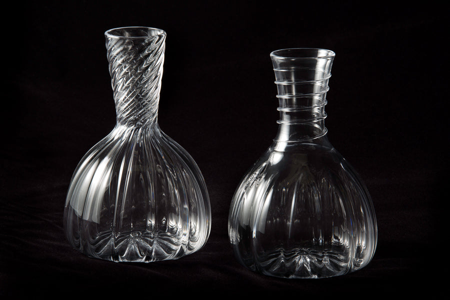 Twisted Optic Rib Decanter (left). Spiral Wrap Decanter (right). | Photo by Douglas Mason