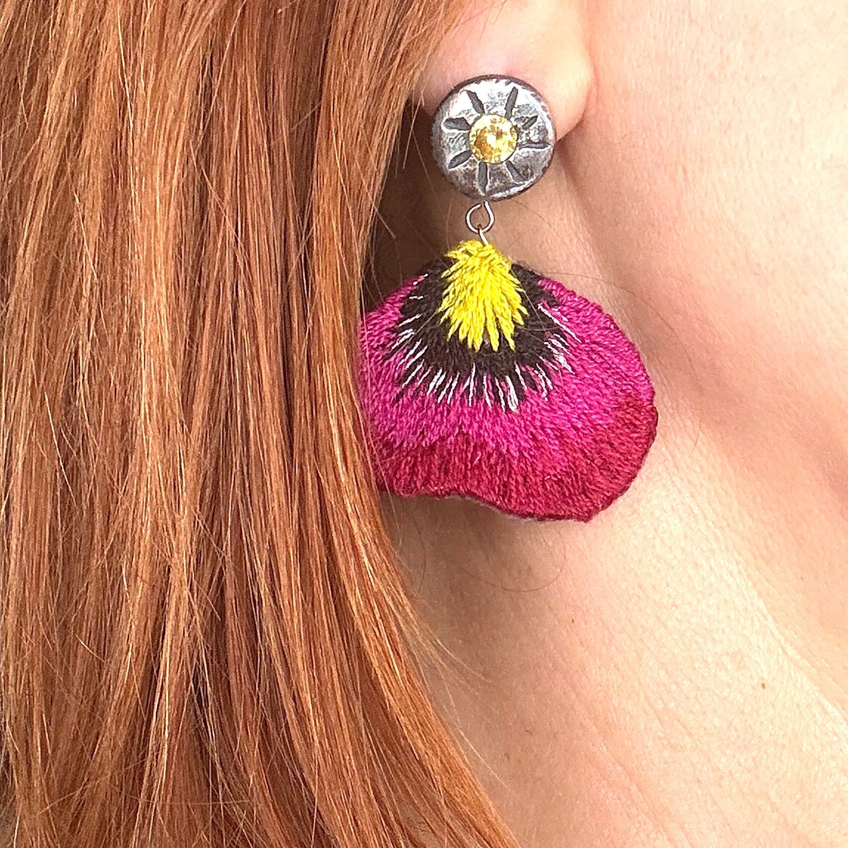 Pink Pansy Embroidered Earrings