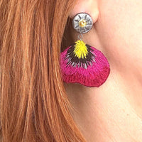 Pink Pansy Embroidered Earrings