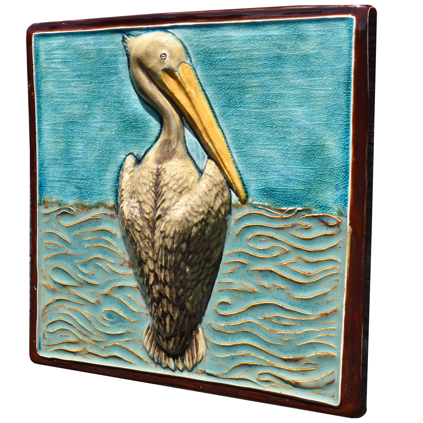 Pelican Sculptural Tile in Teal and Blue with Brown Border