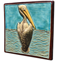 Pelican Sculptural Tile in Teal and Blue with Brown Border