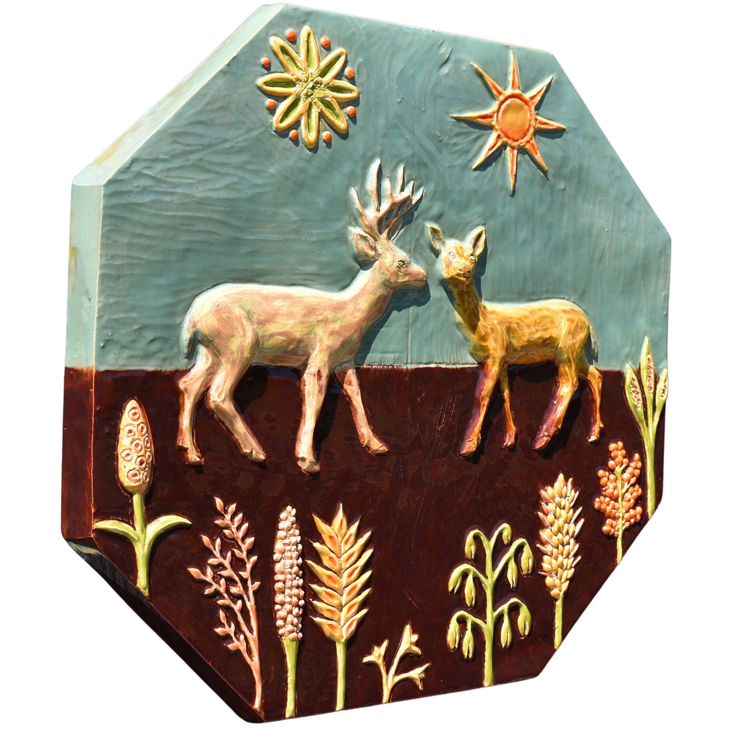 Dear Deer Ceramic Wall Sculpture Tile in Teal