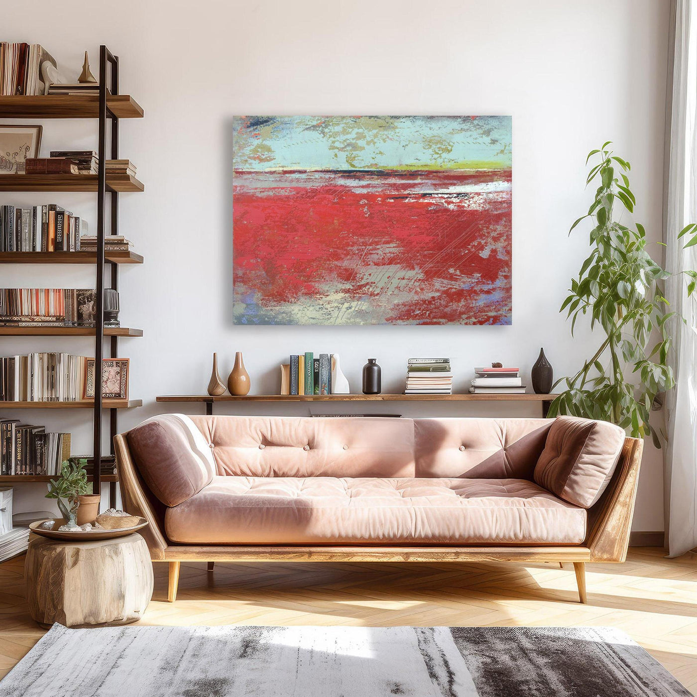 Cerise Harbor red coastal artwork 36x48" in living room