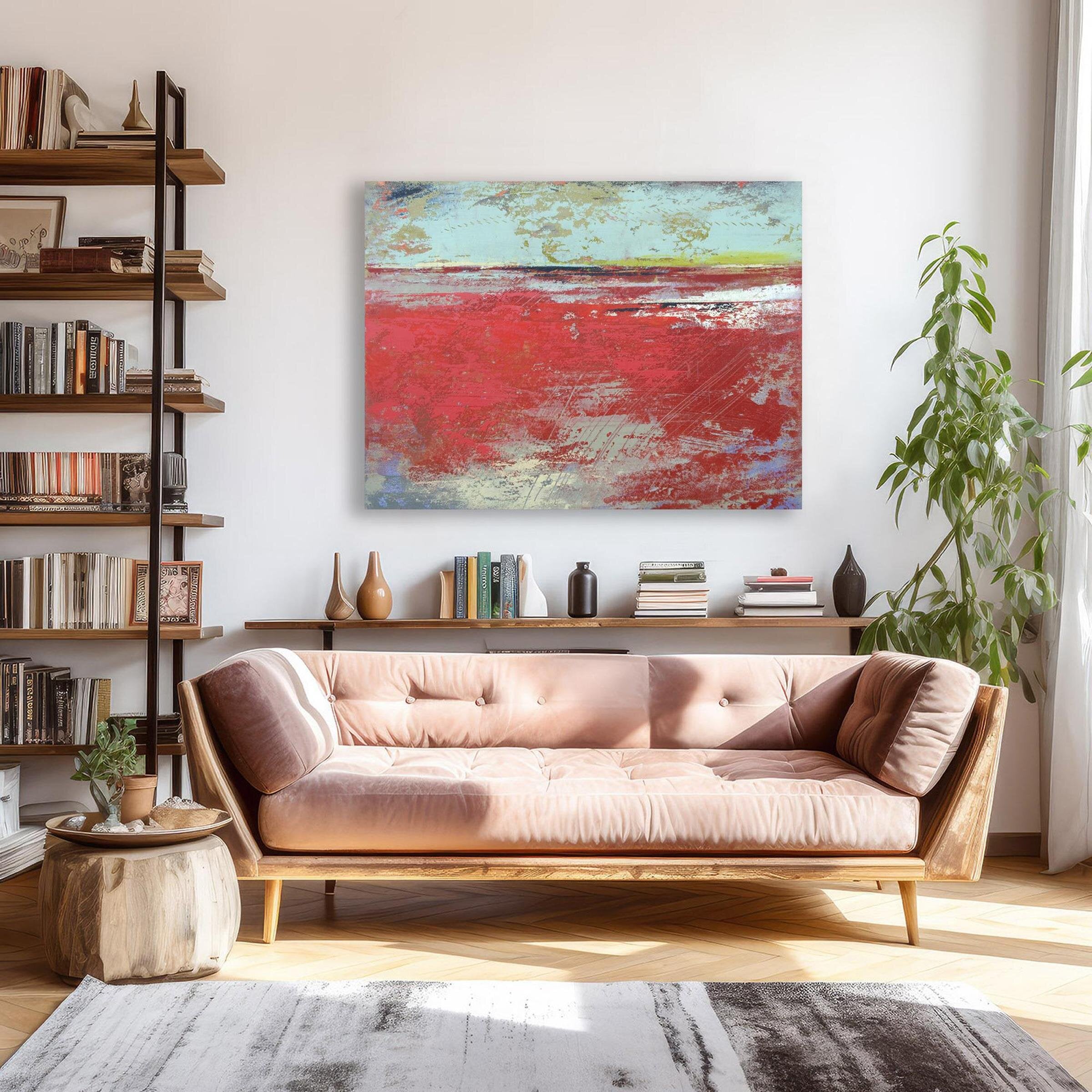 Cerise Harbor red coastal artwork 36x48" in living room