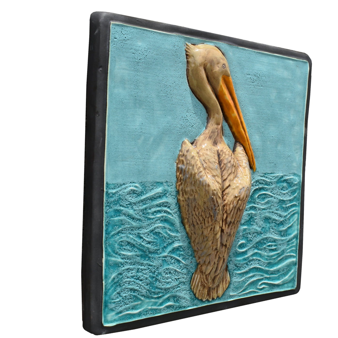 Pelican Sculptural Tile in Seafoam with Steel Matte Border