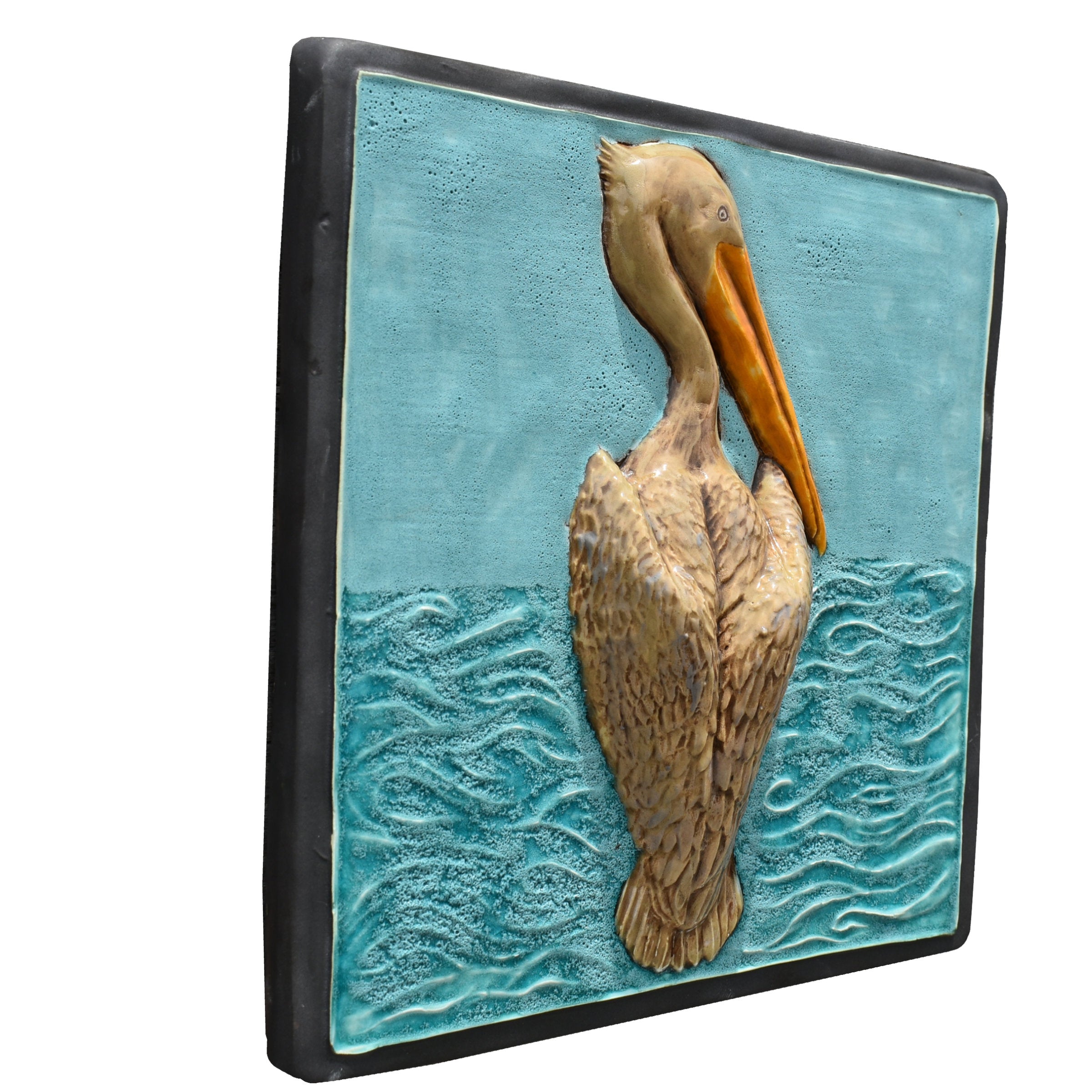 Pelican Sculptural Tile in Seafoam with Steel Matte Border
