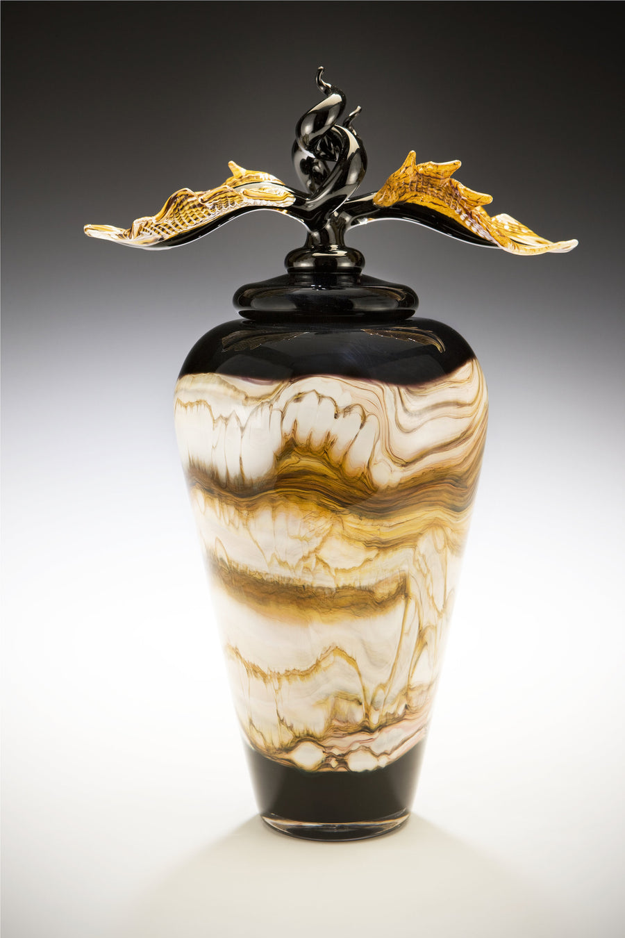 Black Strata Covered Jar with Avian Finial