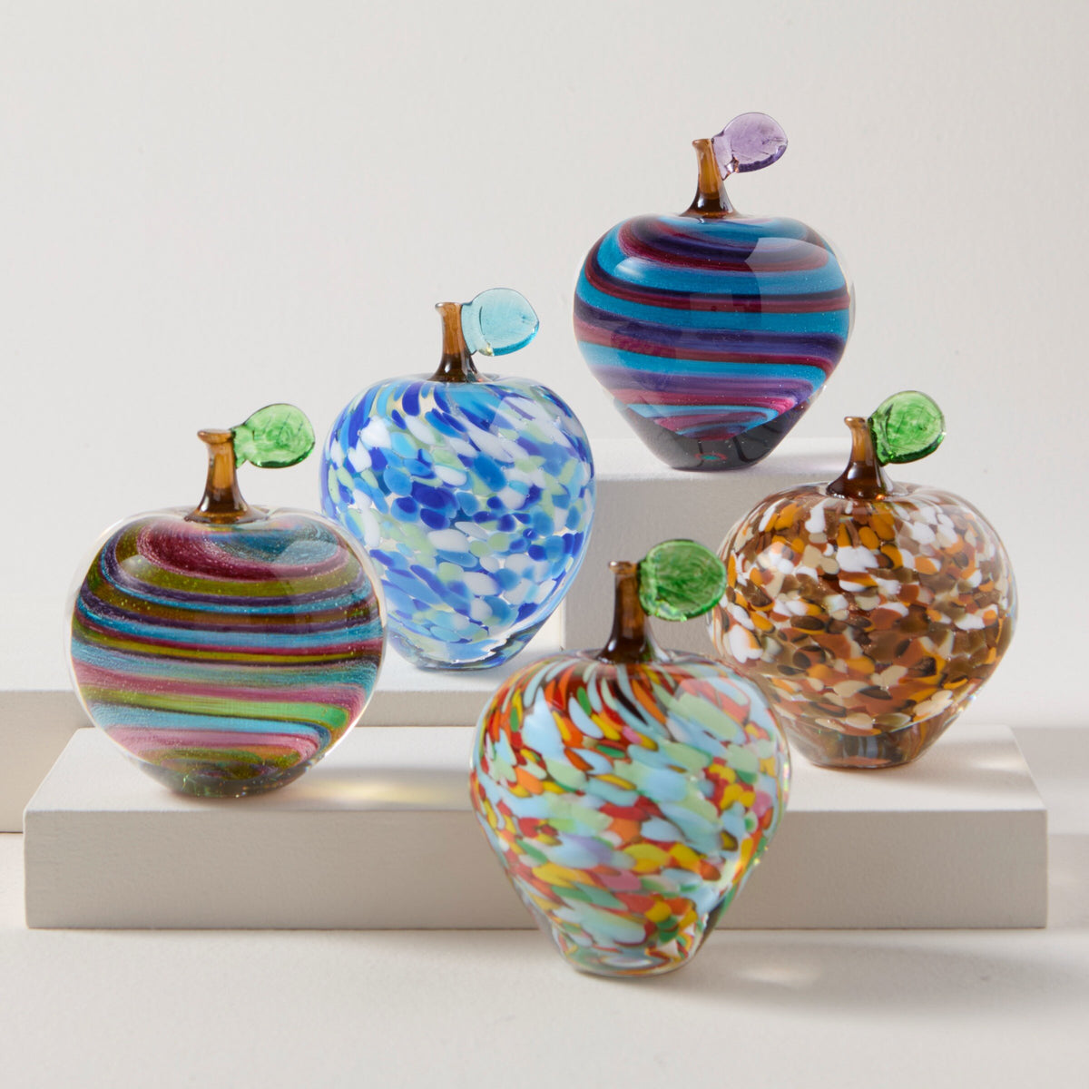 Left to right: Rainbow, Sea Glass, Fiesta Dot, Sunset Swirl, Golden Harvest