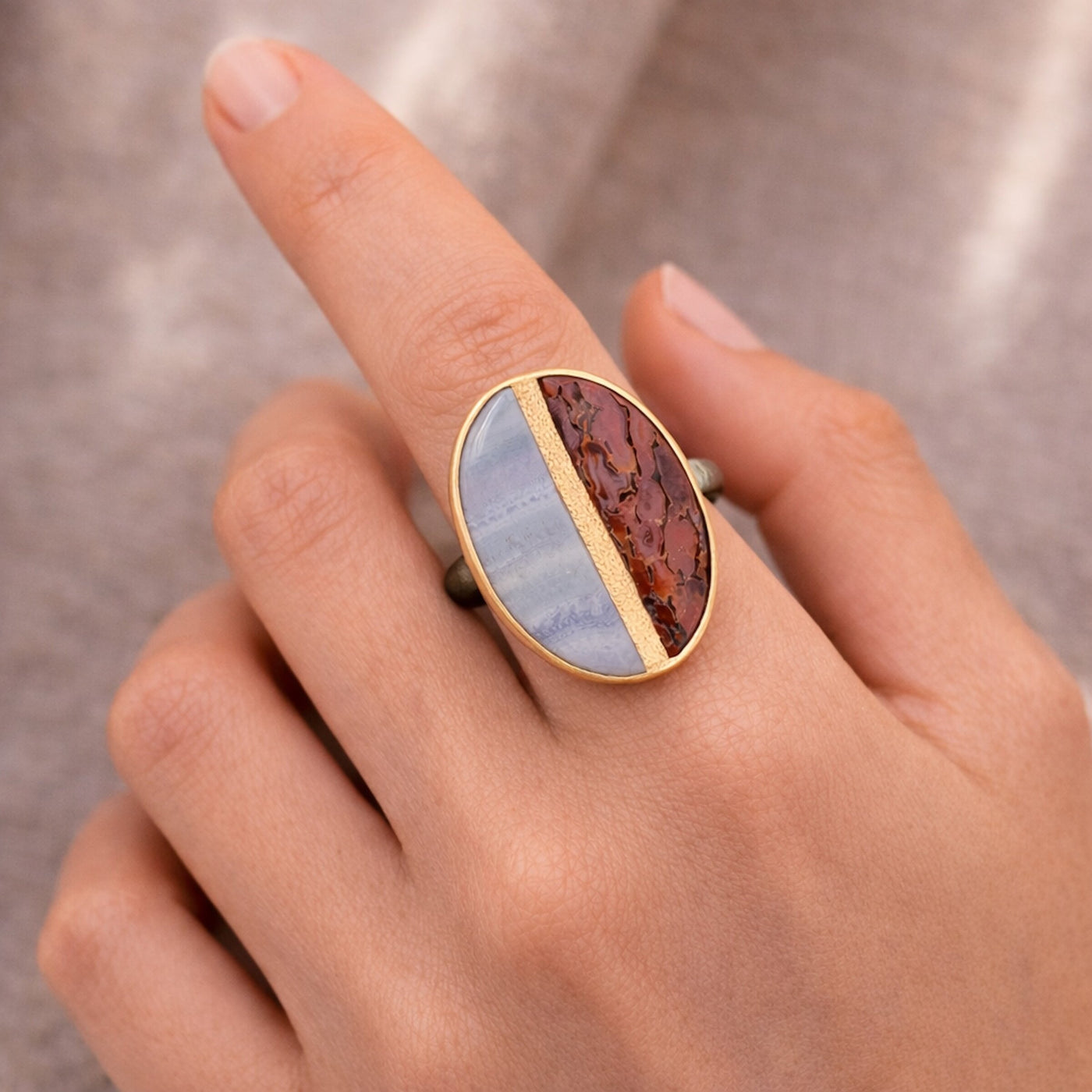 Blue Lace Agate & Dinosaur Bone Inlay Ring