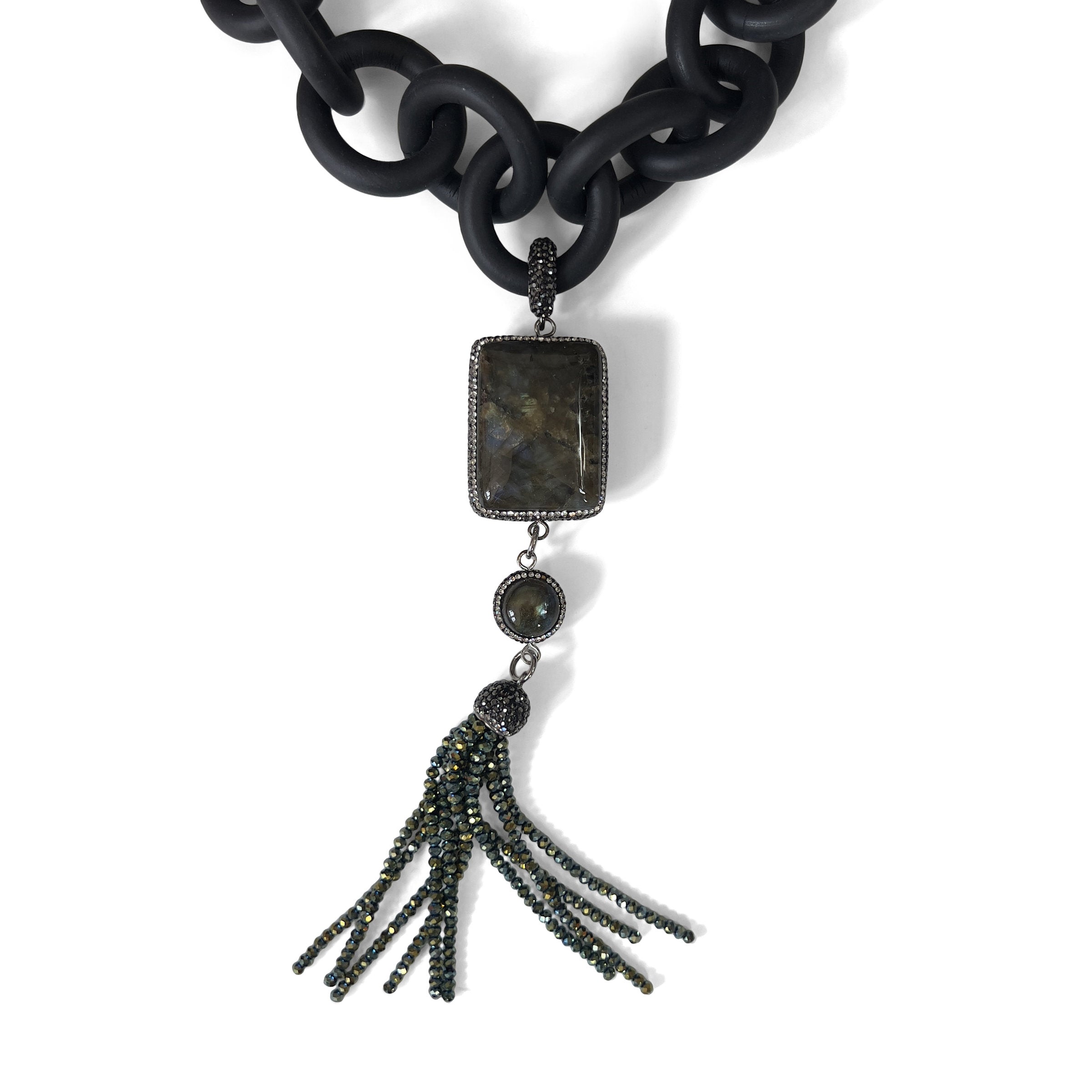 Large Labradorite and Rubber Necklace with Austrian Crystals Tassel