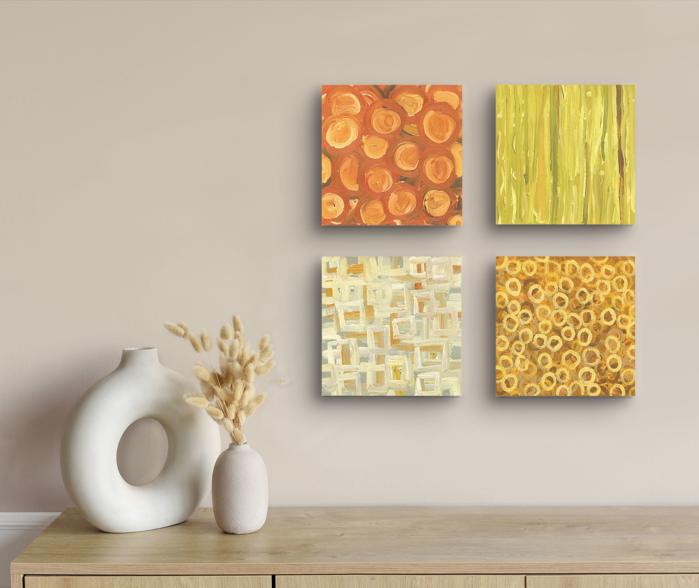 (Clockwise) Geisha, Bamboo, Pebbles, Tatami Wooden Tiles