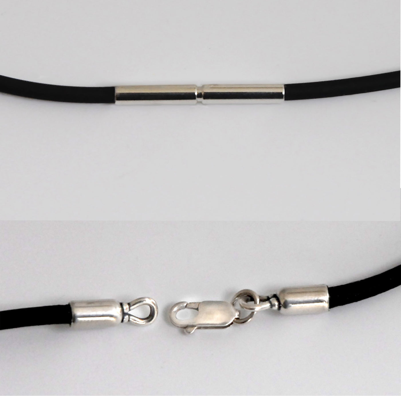 rubber cord with bayonet clasp (top) and leather cord with lobster clasp (bottom)