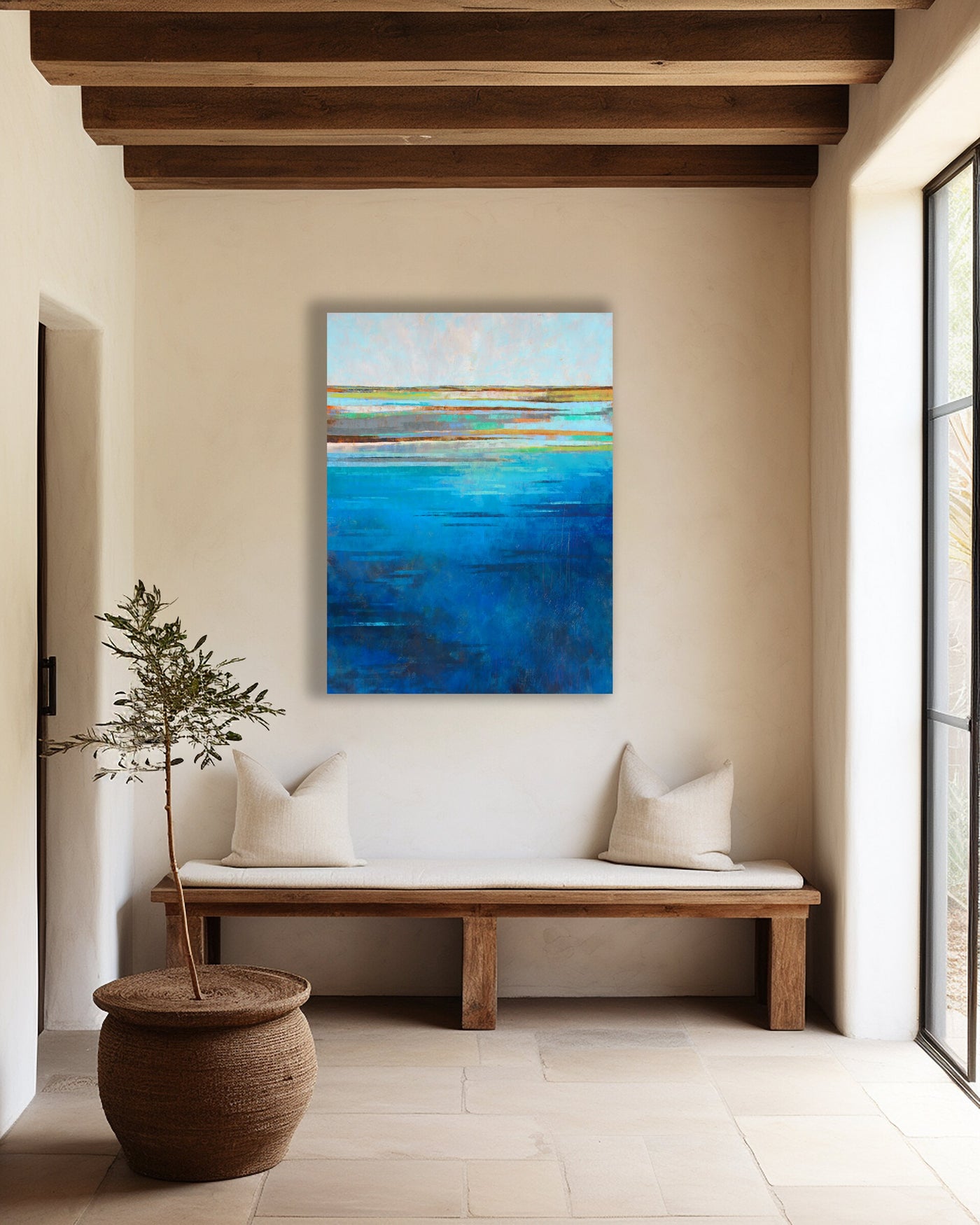 "Blue Zones" modern coastal artwork in hallway
