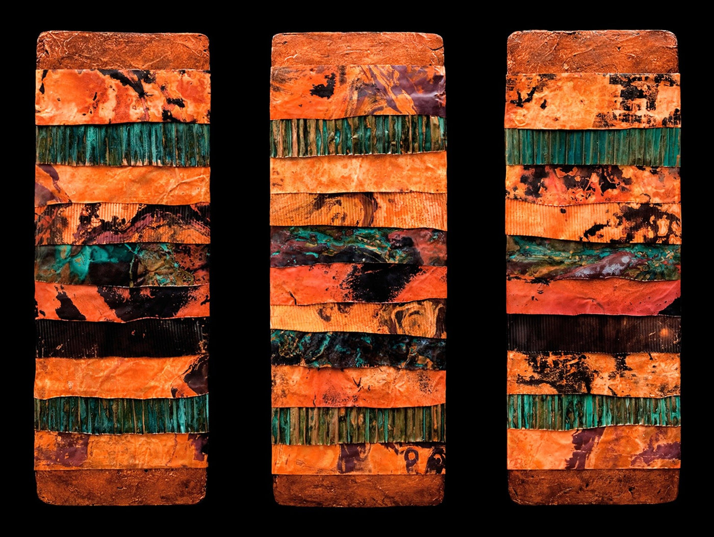 Earth and Fire: Torn Metal M Triptych