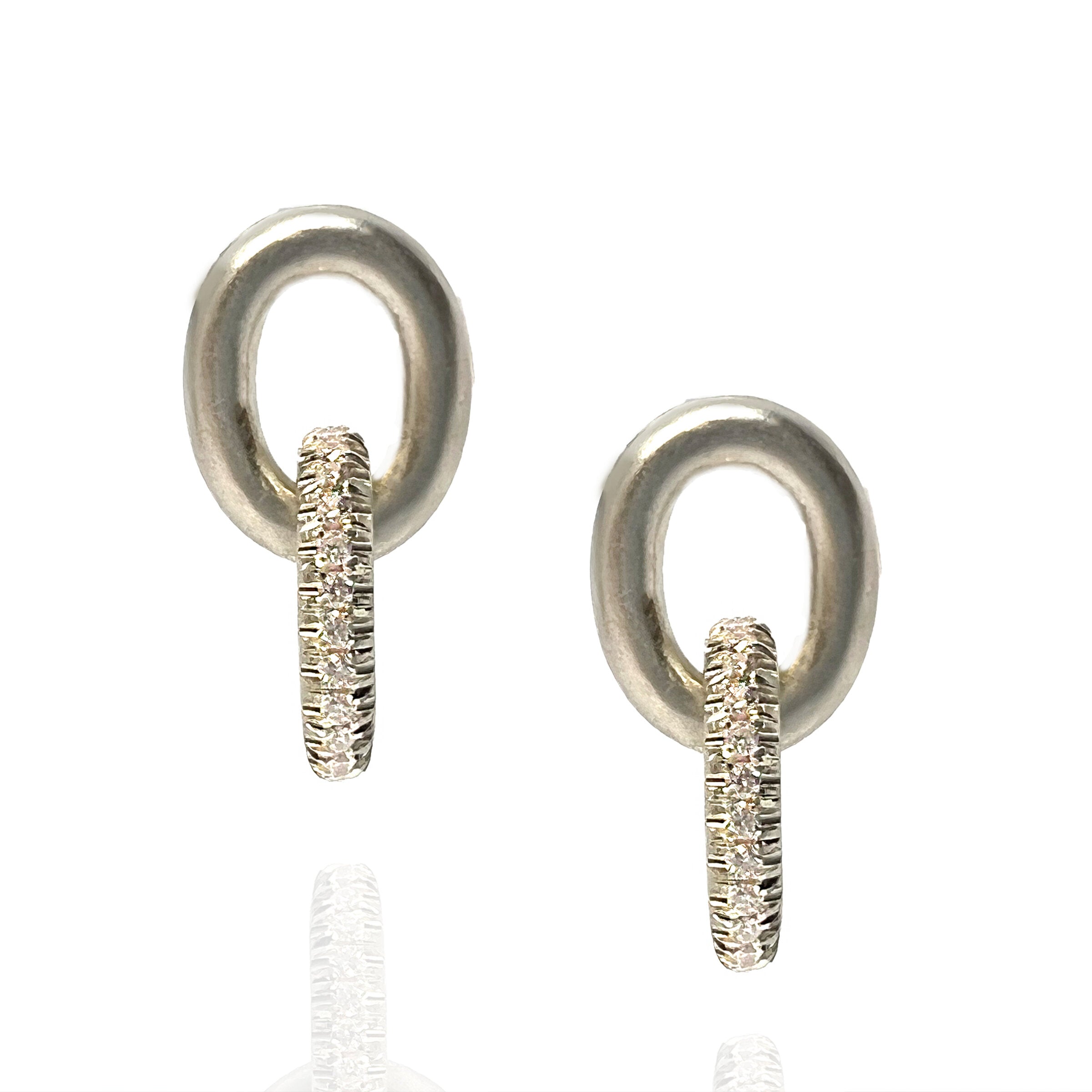 Oval Link Silver and Diamond Pave Earrings