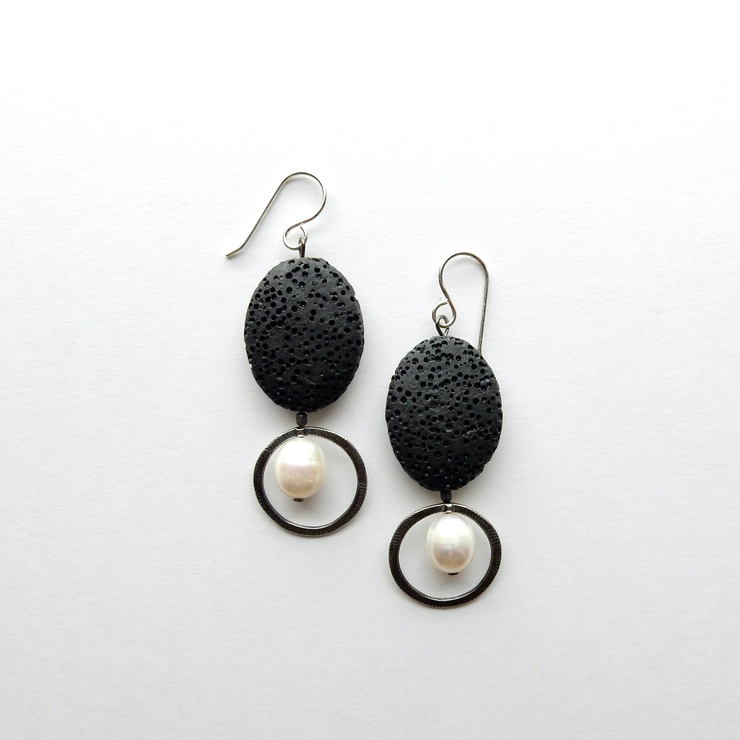 Silver, Lava & Pearl Earrings