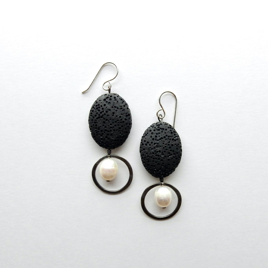 Silver, Lava & Pearl Earrings