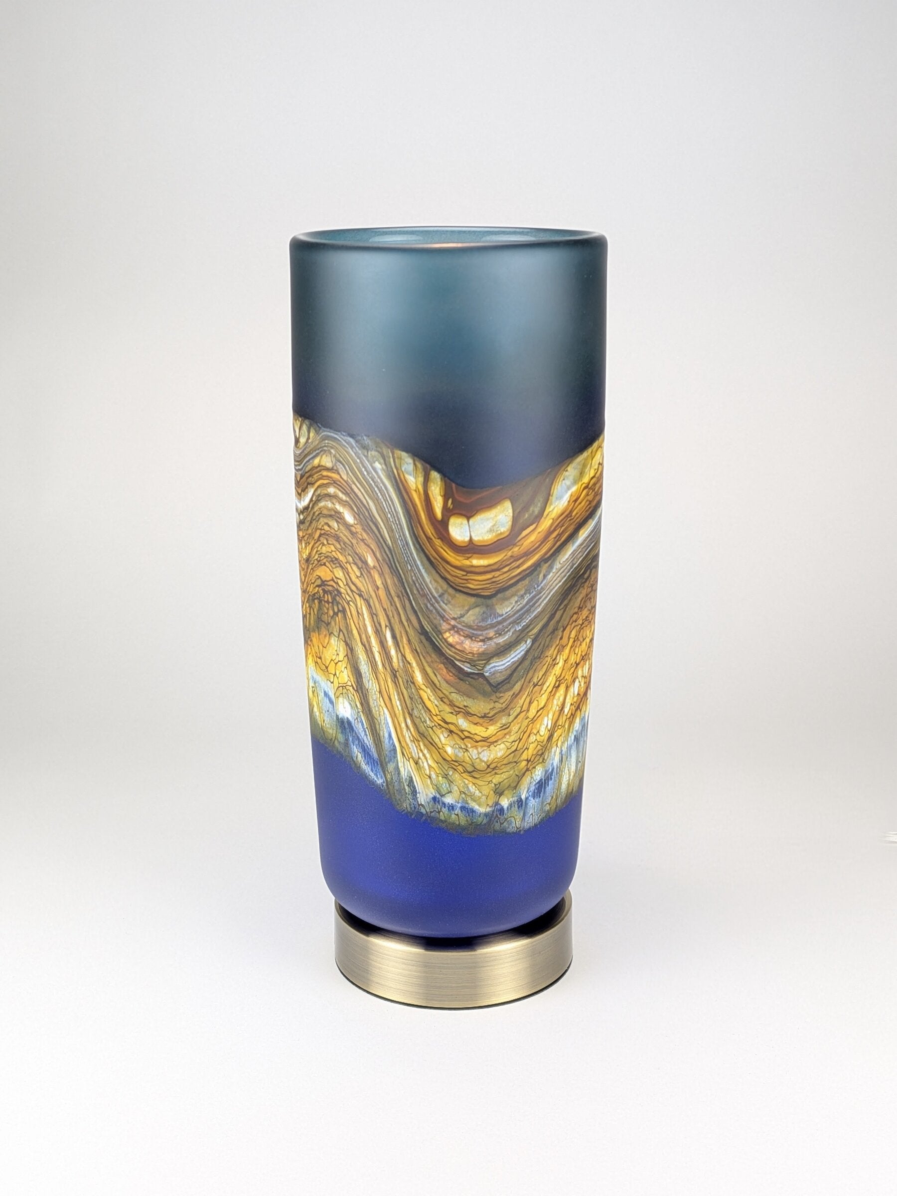 (Satin Strata Pillar Lamp in Sage and Cobalt