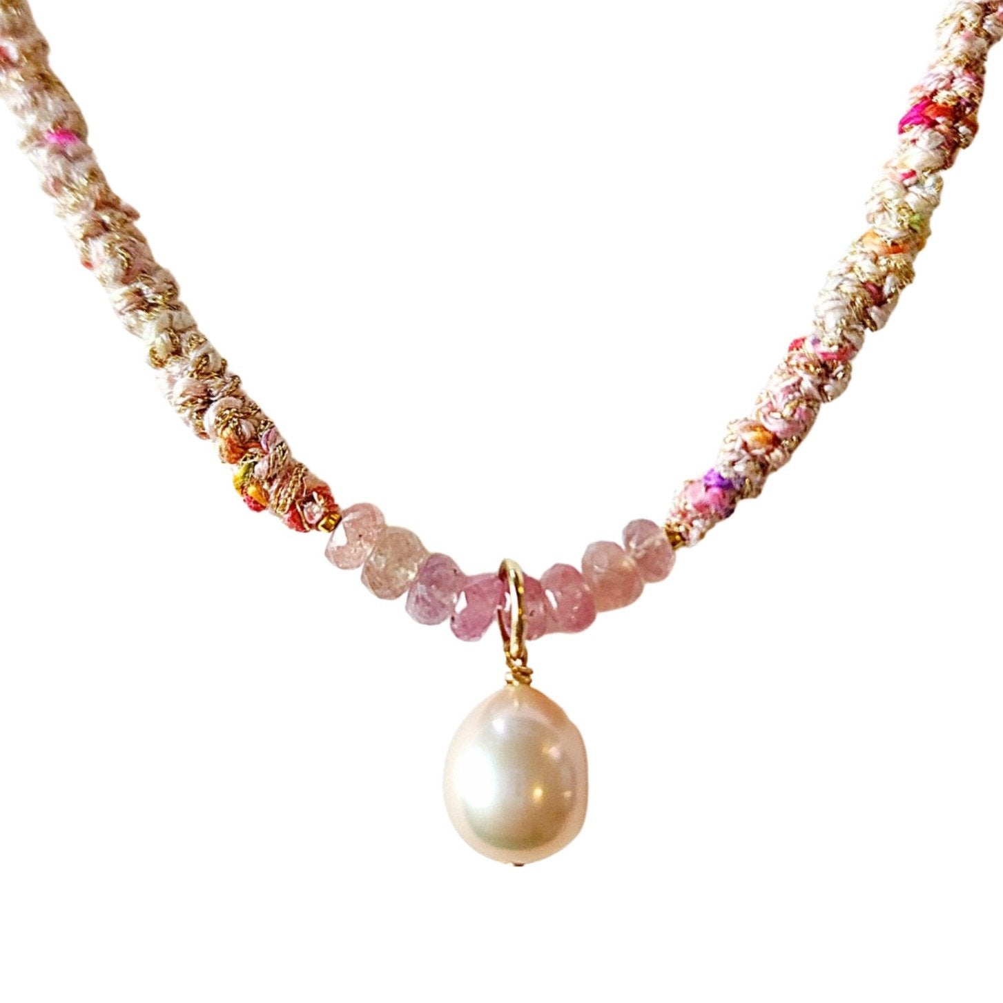 Edison Pearl, Pink Sapphires, and Silk Necklace