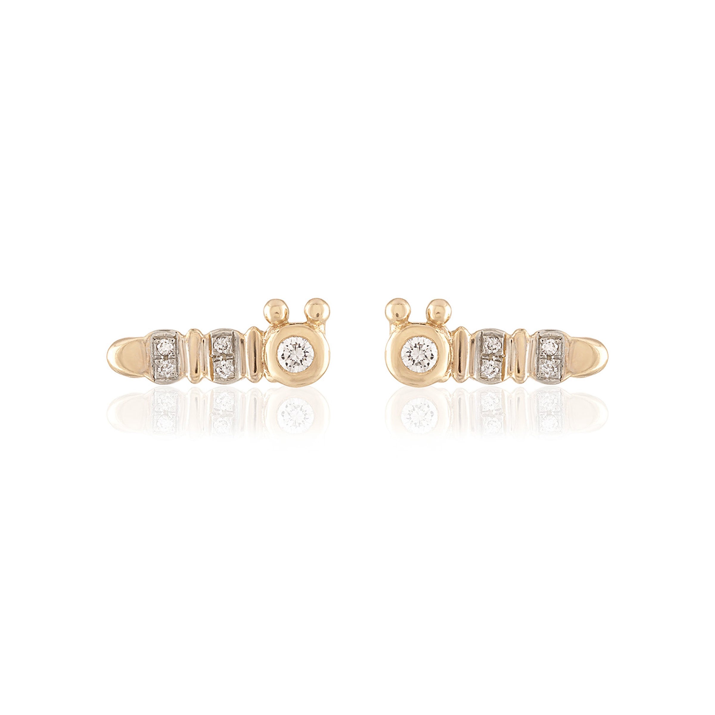 14k Yellow Gold Diamond Pave Caterpillar Stud Earrings