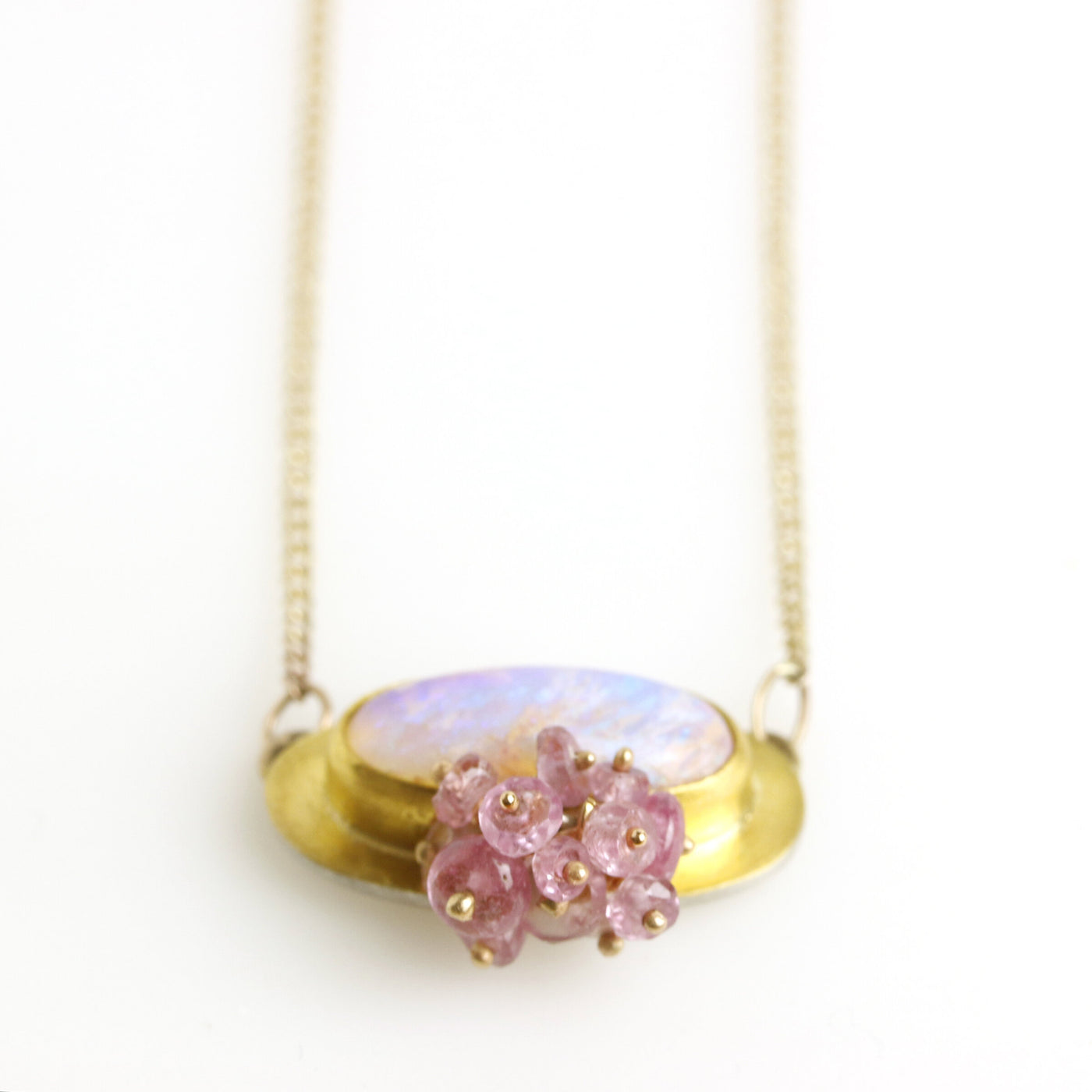 Rose and Lavender Pipe Crystal Opal Pendant with Pink Sapphire Cluster