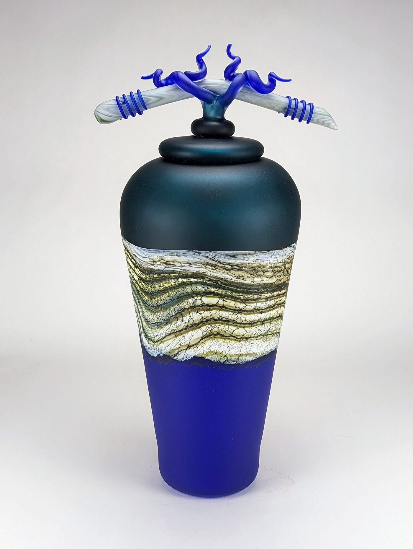 Satin Agate Covered Jar with Bone and Tendril Finial