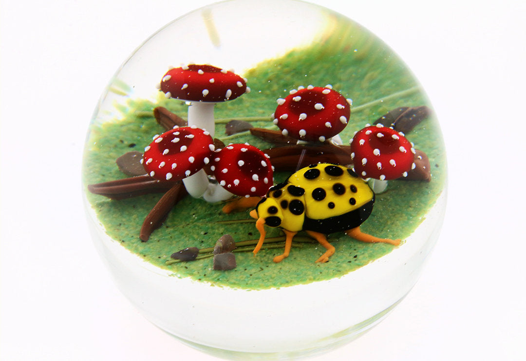Yellow Ladybug with Fanciful Mushrooms Miniature Paperweight