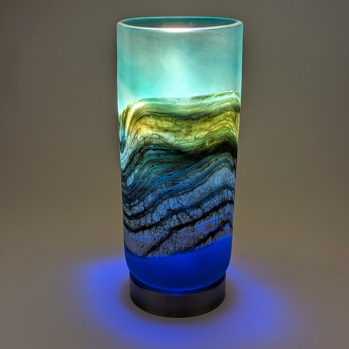 Satin Agate Pillar Lamp in Sage and Cobalt