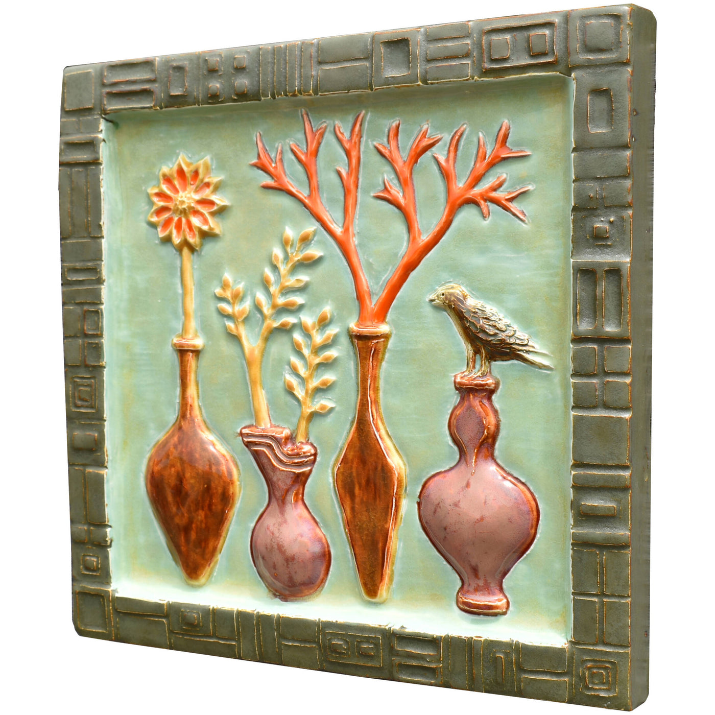 Vases and Vines Ceramic Wall Tile in Green and Orange