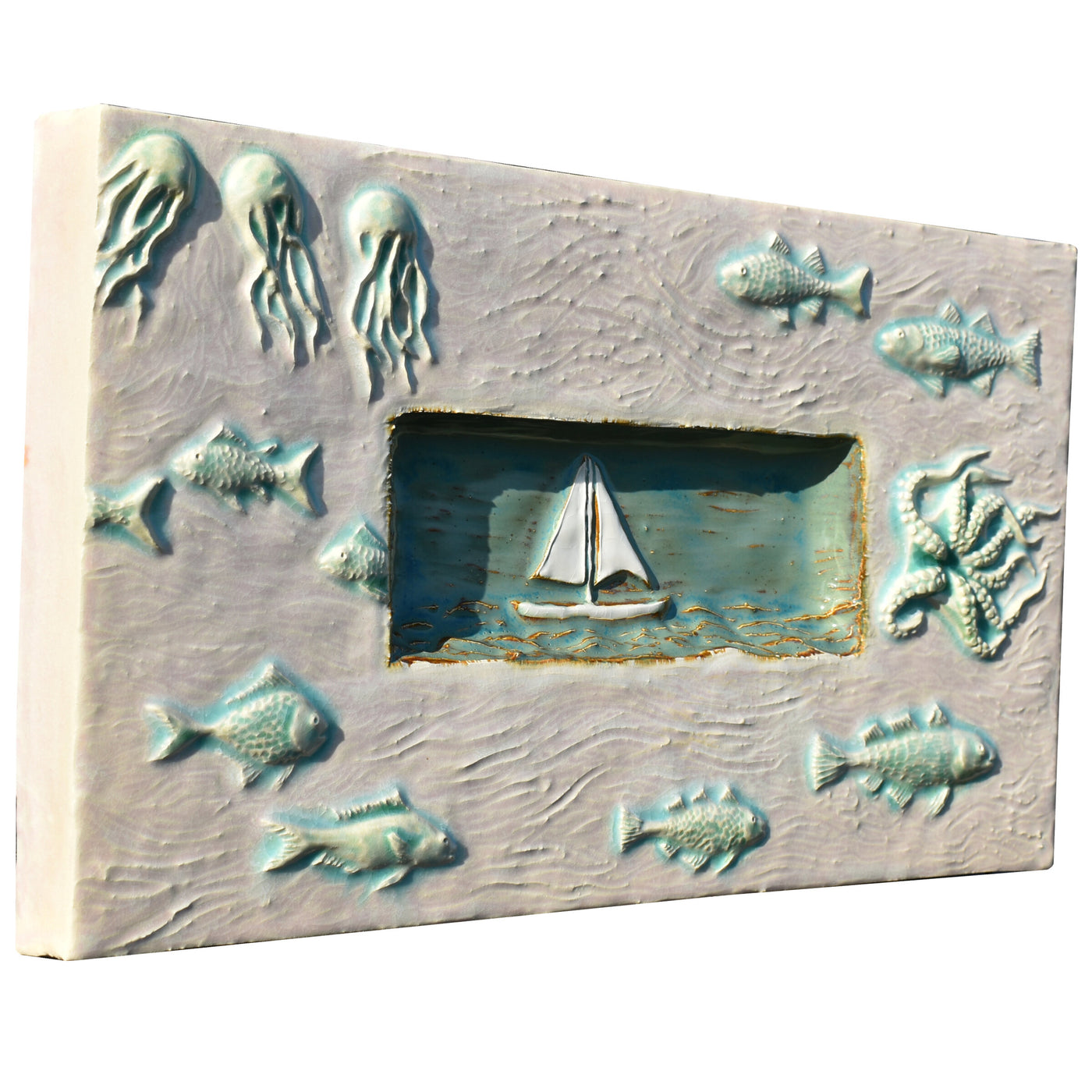 Sail Boat Marine Tile in White Matte and Antique Teal Gloss Glazes