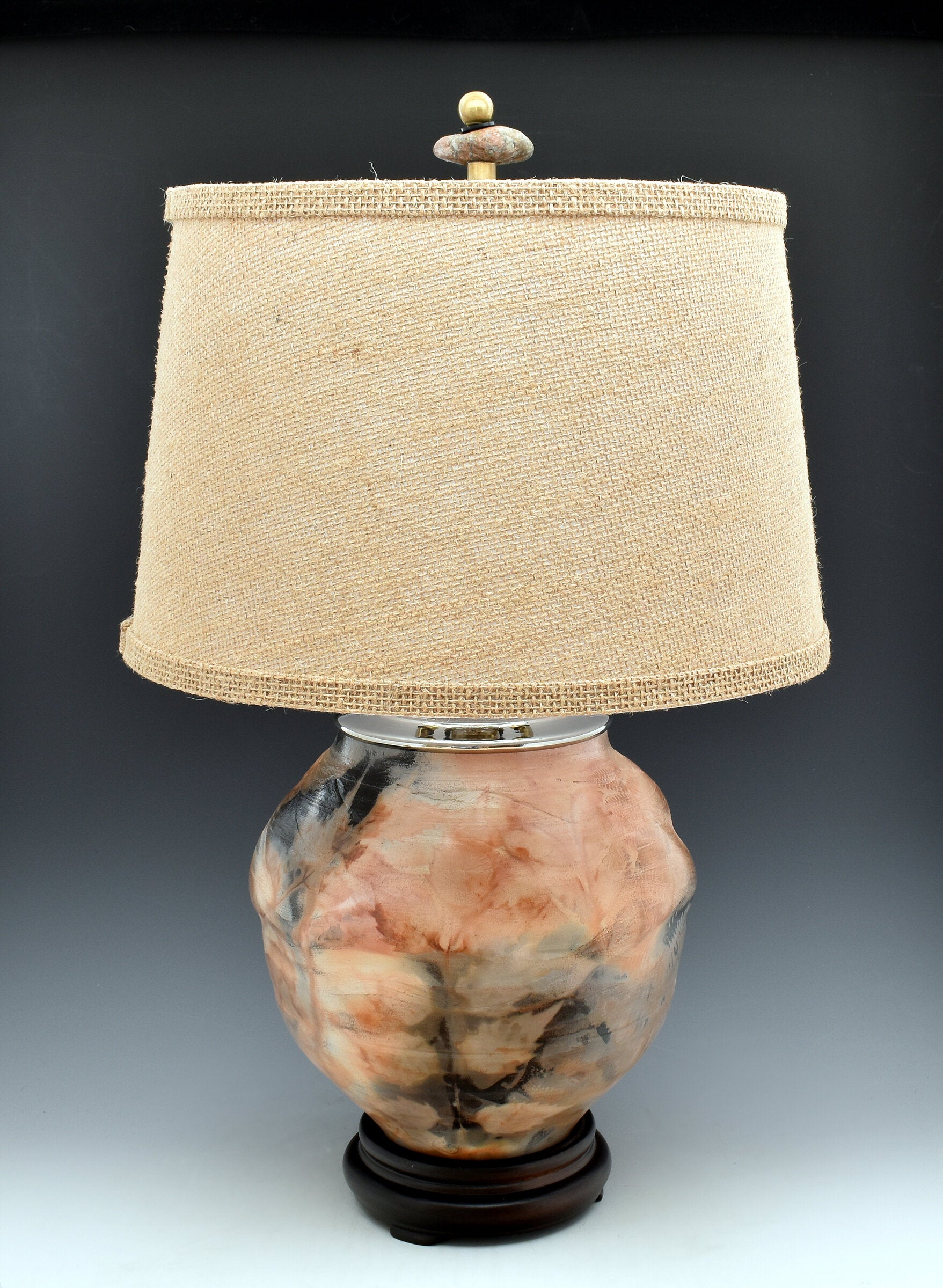 Saggar-Fired Stoneware Lamp with Burlap Shade