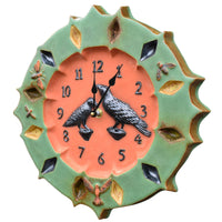 Raven and Crow Ceramic Wall Clock in Terracotta and Patina Green