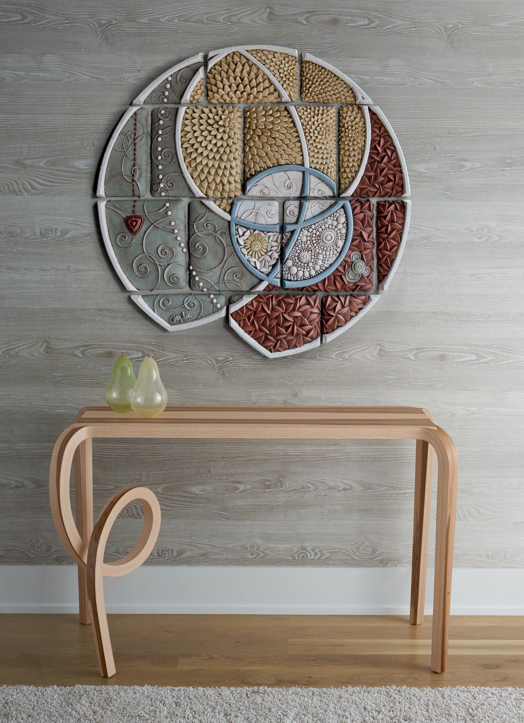 table: salto table by kino guerin, glass sculptures: glass pears by marc carmen