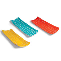 left to right: yellow on white, turquoise on white, orange on white
