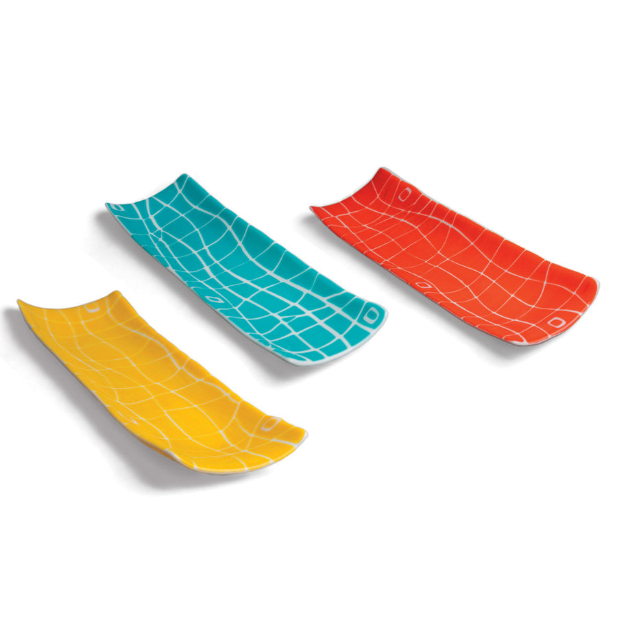 left to right: yellow on white, turquoise on white, orange on white