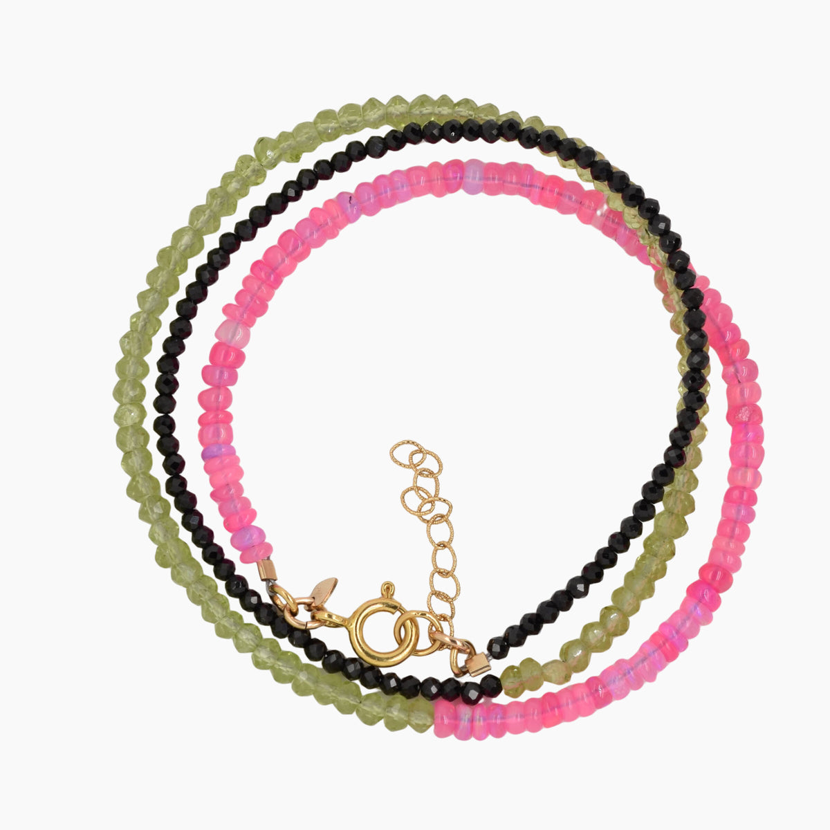 Triple Wrap Pink Opal, Peridot & Spinel Bracelet