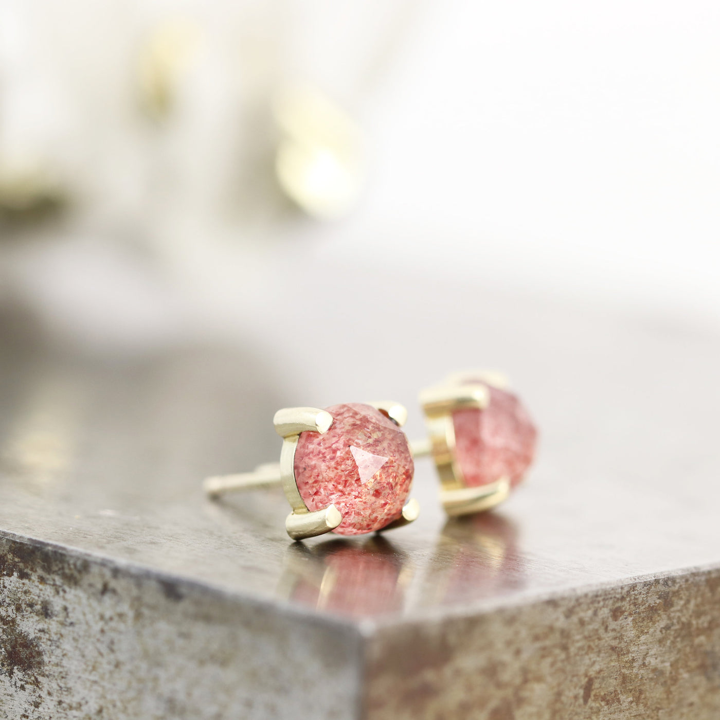 14k Yellow Gold and Strawberry Quartz Stud Earrings
