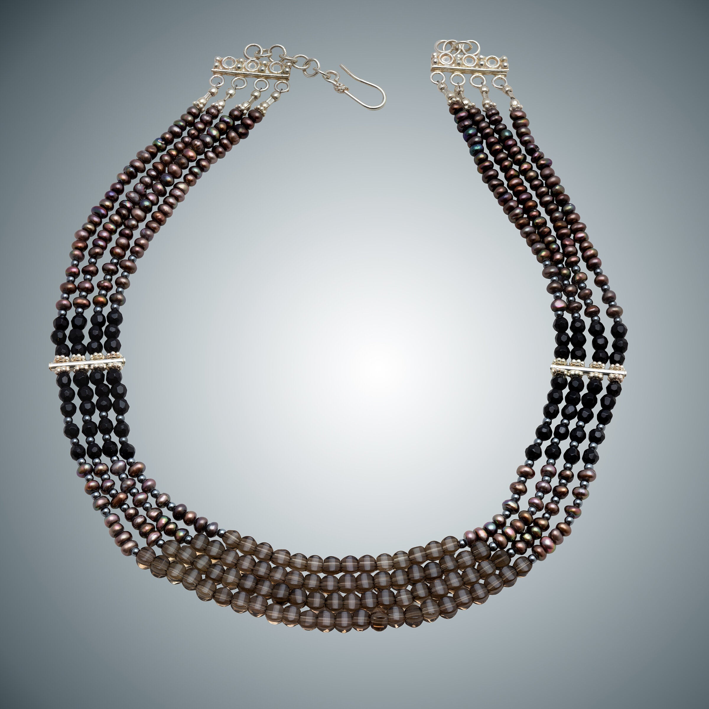 Smokey Topaz, Onyx, Pearl, and Sterling Silver Necklace