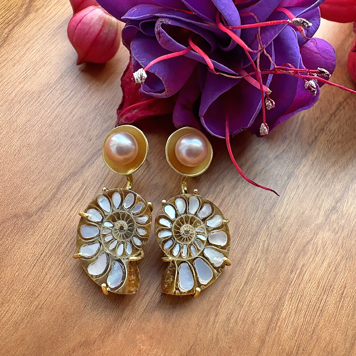 Ammonite and Pearl Basket Earrings