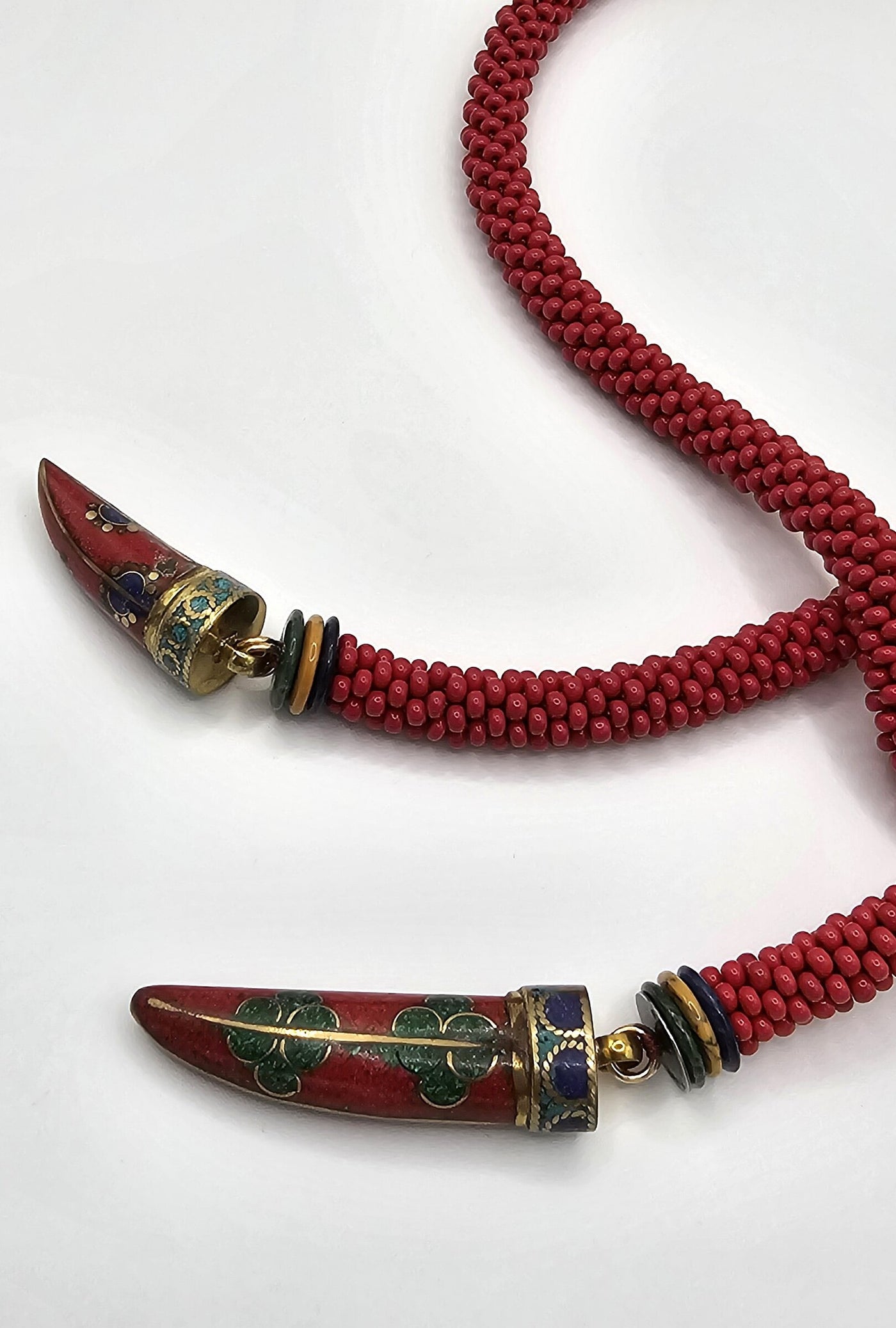 Tibetan Tooth & Red Bead Crocheted Rope