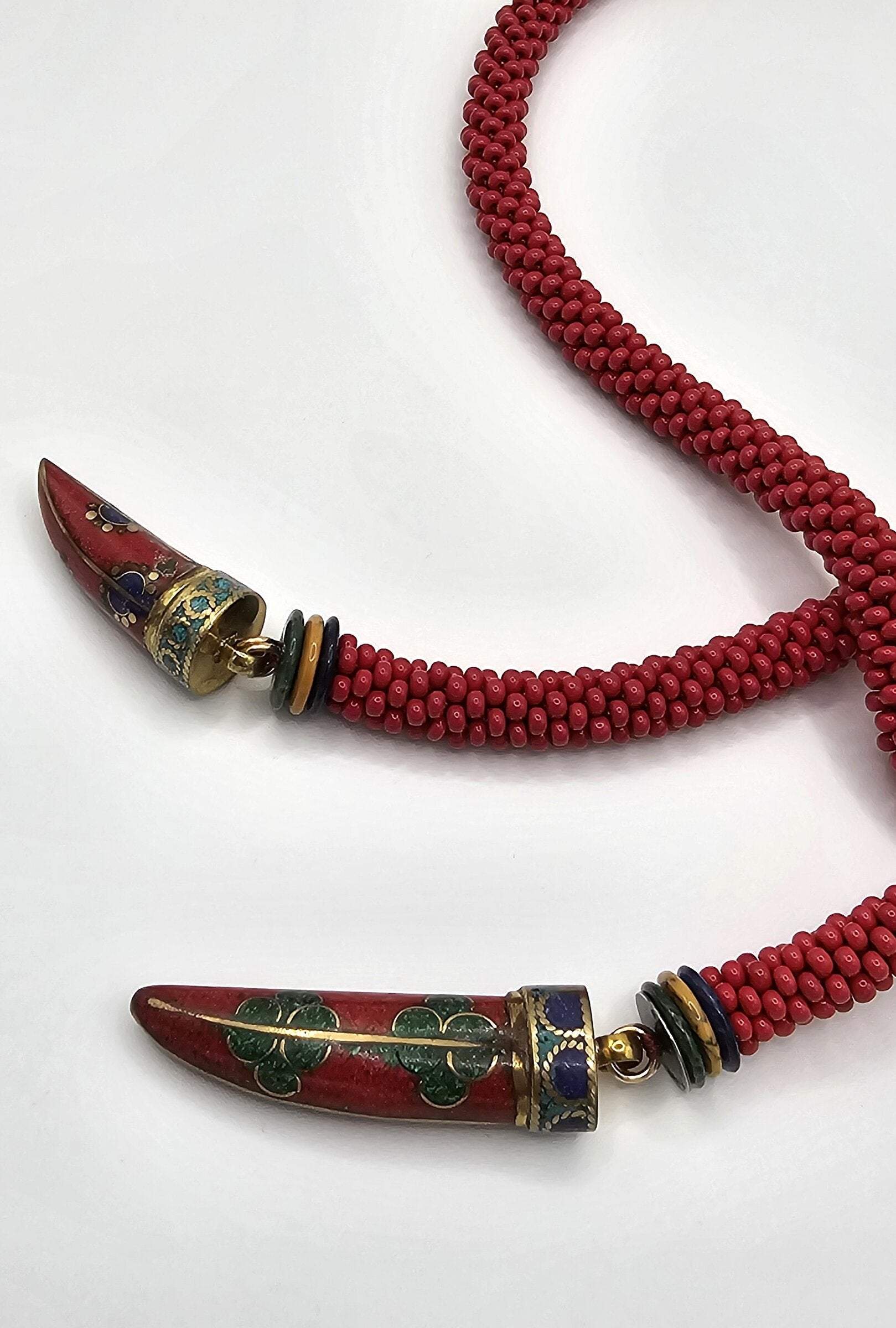 Tibetan Tooth & Red Bead Crocheted Rope