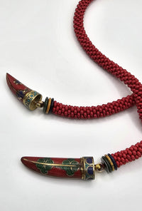 Tibetan Tooth & Red Bead Crocheted Rope