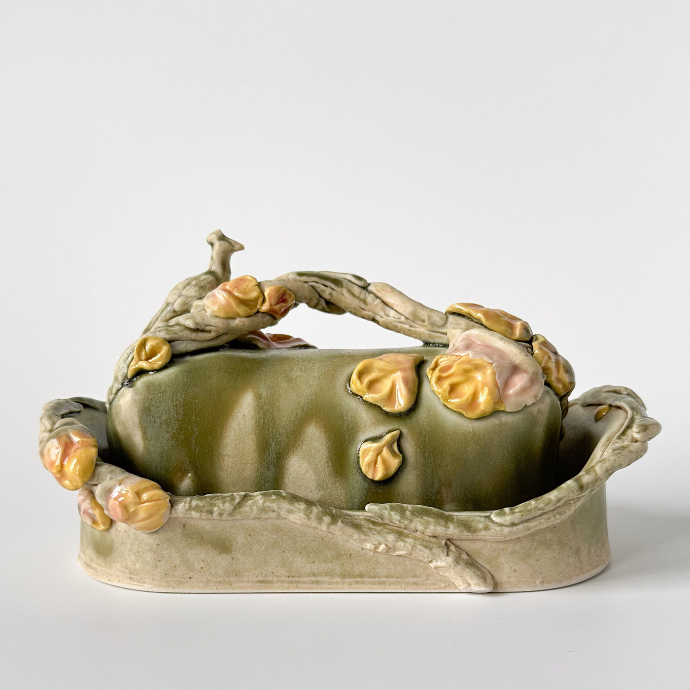 Peacock and Roses Butter Dish in Sage and Dusty Pink