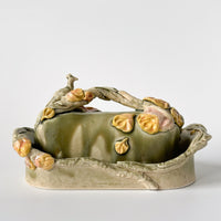 Peacock and Roses Butter Dish in Sage and Dusty Pink