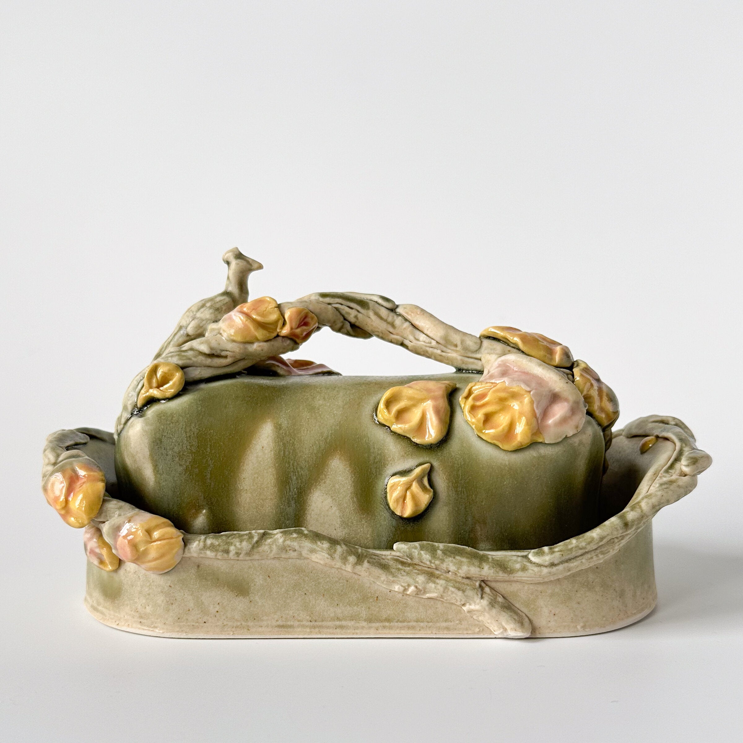 Peacock and Roses Butter Dish in Sage and Dusty Pink