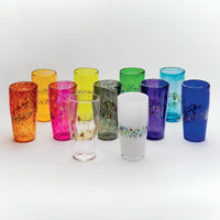 back row left to right: gold, lime, emerald, aqua; middle row left to right: red, pink, gray, purple, cobalt; front row left to right: clear, white